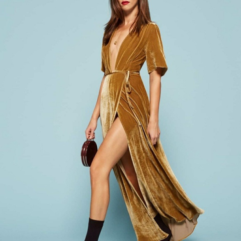 Reformation Gold Velvet Wrap Dress